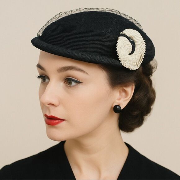 Vintage 50s Tilt Hat Black & Cream Straw Close Style Fascinator Black Mesh Veil main image 8